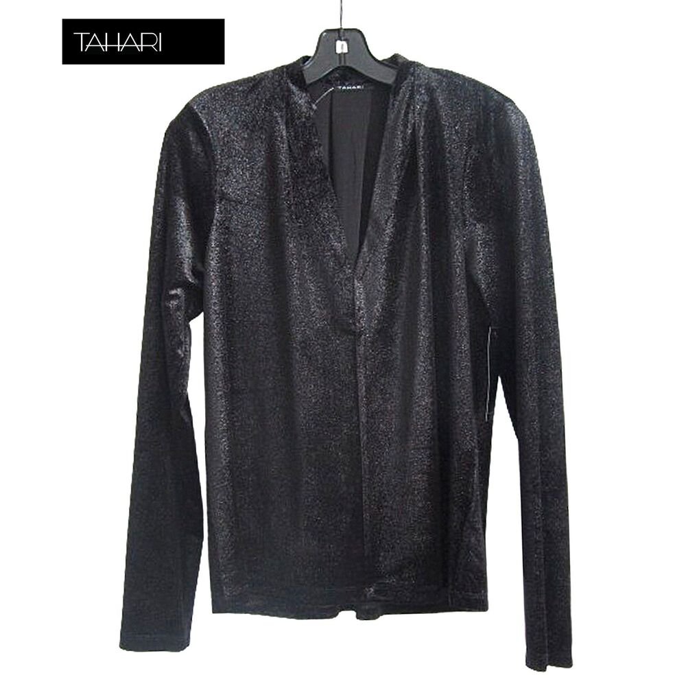 TAHARI NEW Glam AVELYN Velvet Glitter Split Neck Pleated Long Sleeve Blouse